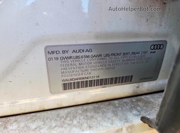 WAU8DAF89KN013116 2019 AUDI A8 White Вид наклейки з VIN-кодом