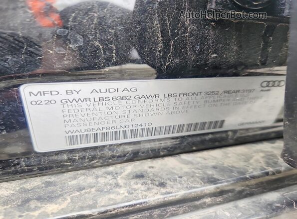 WAU8EAF86LN012410 2020 AUDI A8 Black VIN კოდის სტიკერის ხედი