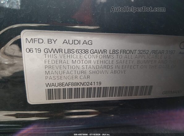 WAU8EAF88KN024119 2019 AUDI OTHER Black Engine compartment view