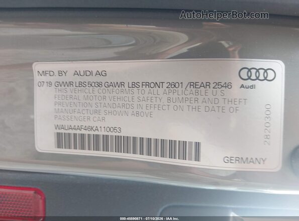 WAUA4AF46KA110053 2019 AUDI S4 Green Вид підкапотного простору
