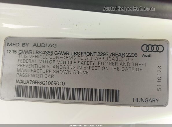 WAUA7GFF8G1069010 2016 AUDI A3 White Շարժիչի բաժամունքի տեսք
