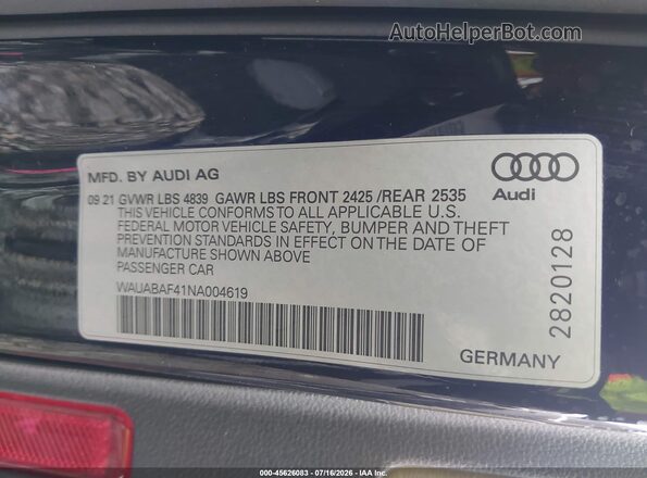WAUABAF41NA004619 2022 AUDI A4 Black Engine compartment view