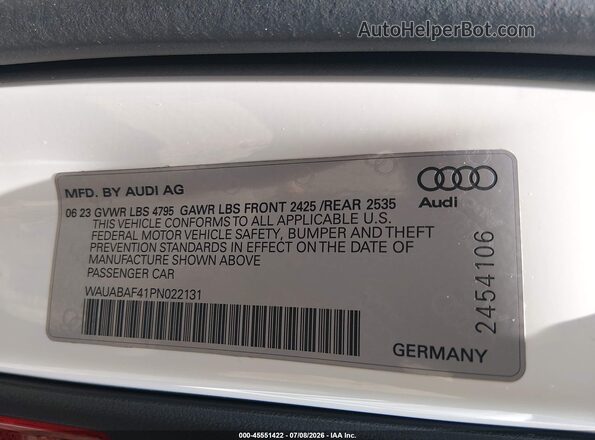 WAUABAF41PN022131 2023 AUDI A4 White Вид підкапотного простору