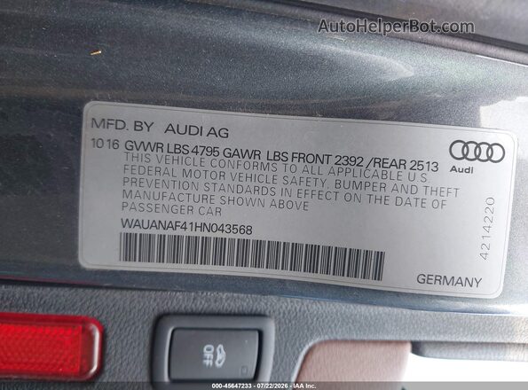 WAUANAF41HN043568 2017 AUDI A4 Gray Widok komory silnika