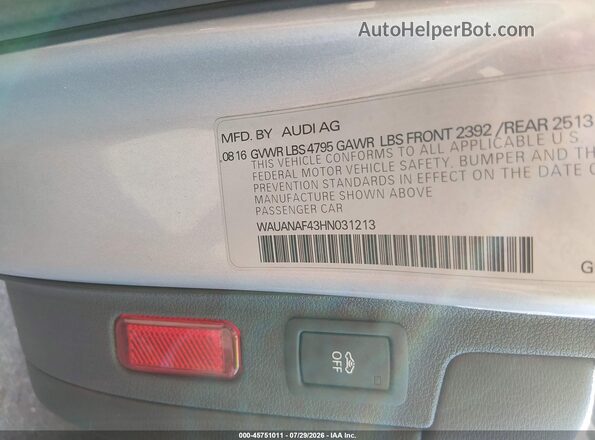 WAUANAF43HN031213 2017 AUDI A4 Silver Vista del compartimento del motor