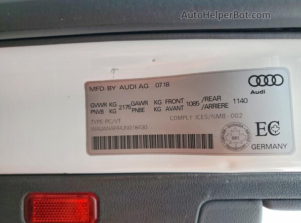 WAUANAF44JN018430 2018 AUDI A4 White VIN კოდის სტიკერის ხედი