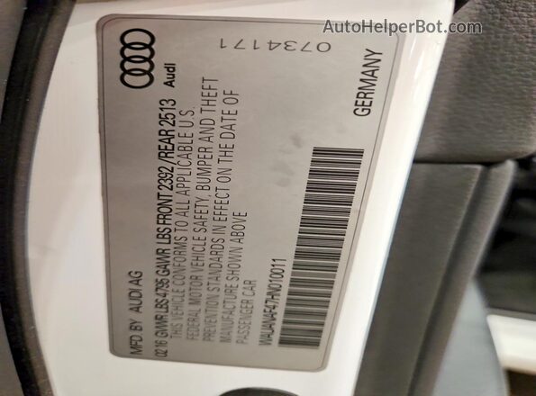 WAUANAF47HN010011 2017 AUDI A4 White Vista del compartimento del motor