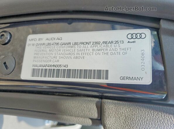 WAUANAF4XHN005143 2017 AUDI A4 Blue Вид наклейки з VIN-кодом