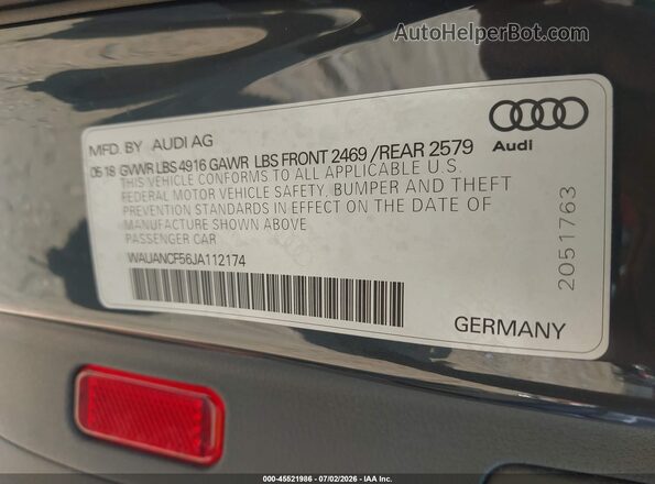 WAUANCF56JA112174 2018 AUDI A5 Black Vista del compartimento del motor