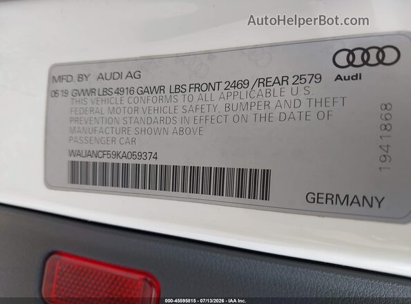 WAUANCF59KA059374 2019 AUDI A5 White Vista del compartimento del motor