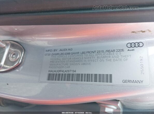 WAUAUGFF4LA097194 2020 AUDI A3 Серебряный Вид подкапотного пространства