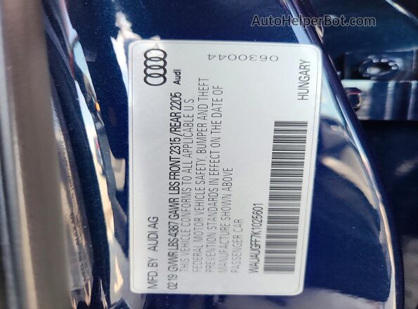 WAUAUGFF7K1025601 2019 AUDI A3 Blue VIN sticker view