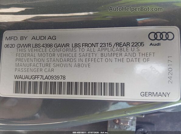WAUAUGFF7LA093978 2020 AUDI A3 Серый Вид подкапотного пространства