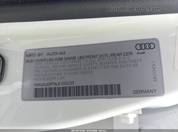 WAUAUGFF9LA103233 2020 AUDI A3 White Շարժիչի բաժամունքի տեսք