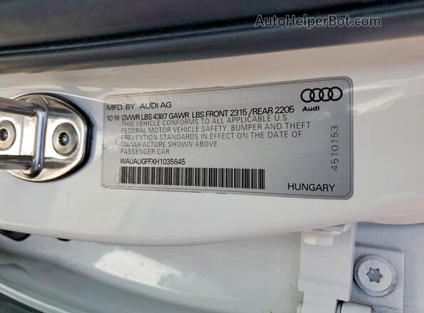 WAUAUGFFXH1035645 2017 AUDI A3 White Vista de la etiqueta del VIN