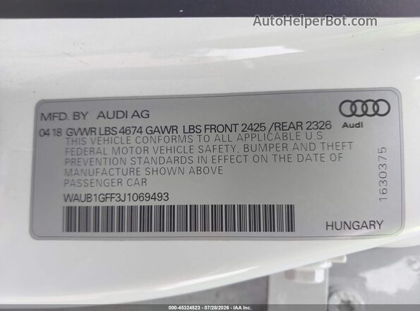 WAUB1GFF3J1069493 2018 AUDI S3 White Շարժիչի բաժամունքի տեսք