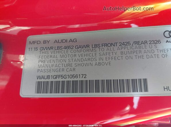 WAUB1GFF5G1056172 2016 AUDI S3 Red Engine compartment view