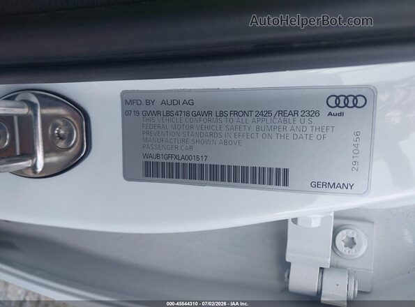 WAUB1GFFXLA001517 2020 AUDI S3 White Շարժիչի բաժամունքի տեսք