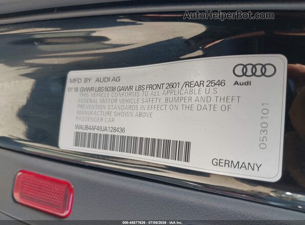 WAUB4AF49JA128436 2018 AUDI S4 Black ძრავის განყოფილების ხედი