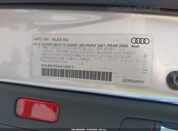 WAUB4CF56JA126812 2018 AUDI S5 Silver Vista del compartimento del motor