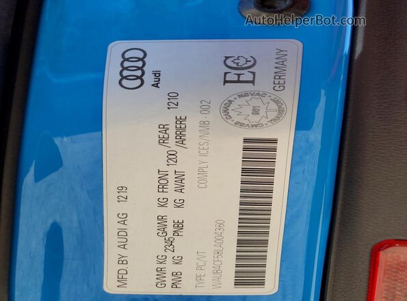 WAUB4CF58LA004360 2020 AUDI S5 Blue VIN კოდის სტიკერის ხედი
