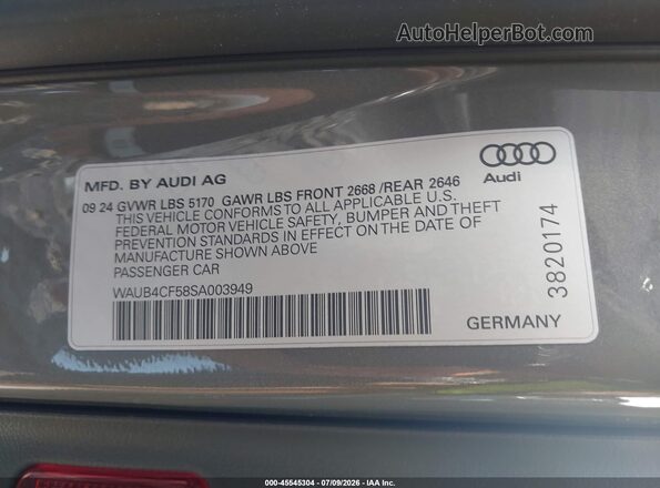 WAUB4CF58SA003949 2025 AUDI S5 Gray Շարժիչի բաժամունքի տեսք