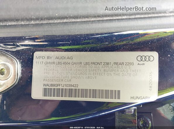 WAUB8GFF1J1039422 2018 AUDI A3 Blue Շարժիչի բաժամունքի տեսք