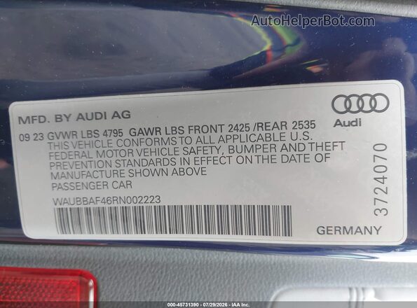 WAUBBAF46RN002223 2024 AUDI A4 Blue Вид підкапотного простору