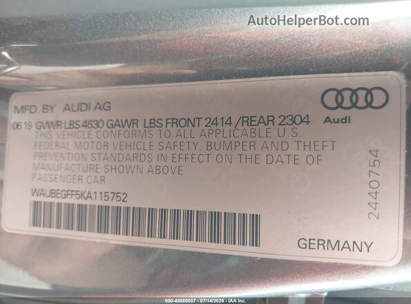 WAUBEGFF5KA115752 2019 AUDI A3 Gray Vista del compartimento del motor