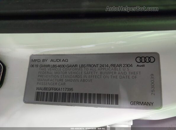 WAUBEGFF6KA117395 2019 AUDI A3 White Engine compartment view