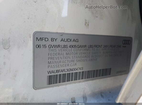 WAUBFAFL3GN004763 2016 AUDI A4 White ძრავის განყოფილების ხედი