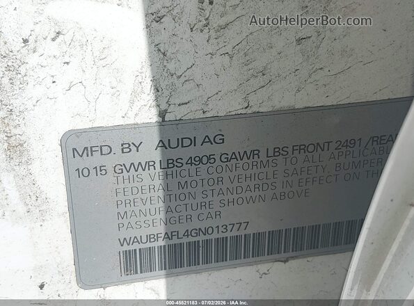 WAUBFAFL4GN013777 2016 AUDI A4 White Вид підкапотного простору