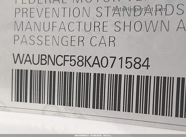 WAUBNCF58KA071584 2019 AUDI A5 White Вид підкапотного простору