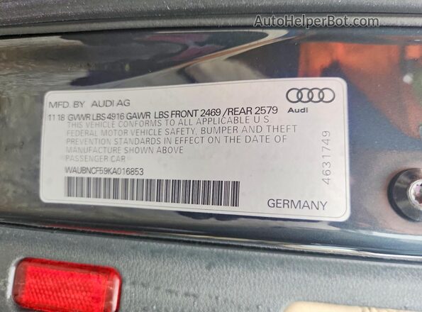 WAUBNCF59KA016853 2019 AUDI A5 Серый Вид подкапотного пространства