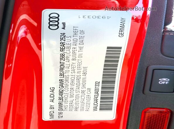 WAUC4AF43JA001332 2018 AUDI S4 Красный Вид подкапотного пространства