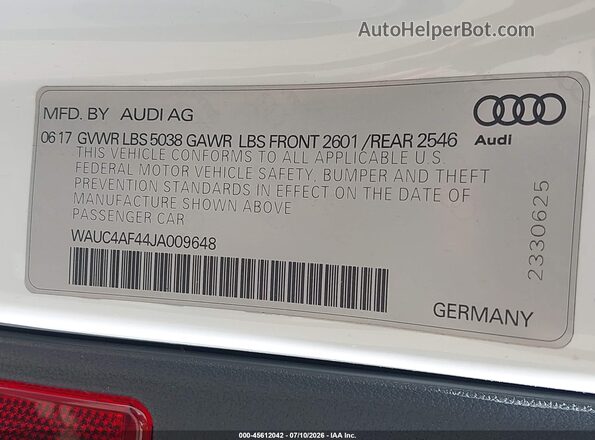 WAUC4AF44JA009648 2018 AUDI S4 White Widok komory silnika