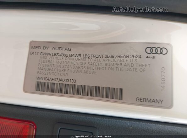 WAUC4AF47JA003133 2018 AUDI S4 White ძრავის განყოფილების ხედი