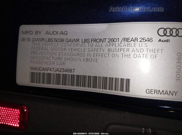 WAUC4AF47JA234887 2018 AUDI S4 Blue Widok komory silnika