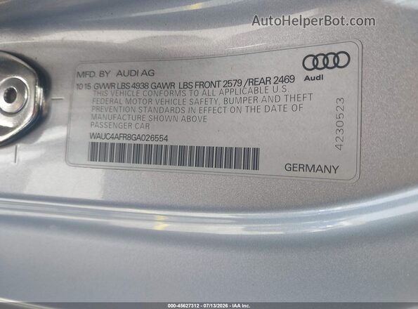 WAUC4AFR8GA026554 2016 AUDI S5 Silver ძრავის განყოფილების ხედი