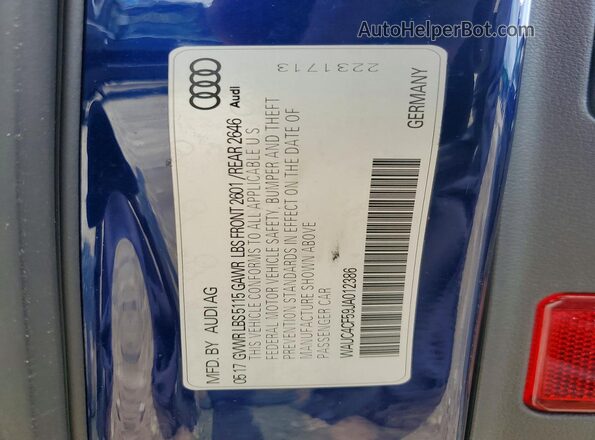 WAUC4CF59JA012386 2018 AUDI S5 Blue Widok naklejki z numerem VIN