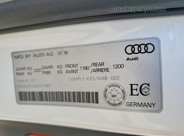 WAUC4CF59JA074841 2018 AUDI S5 White Widok naklejki z numerem VIN
