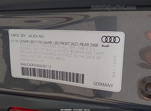 WAUC4DF50KA028113 2019 AUDI S5 Gray ძრავის განყოფილების ხედი
