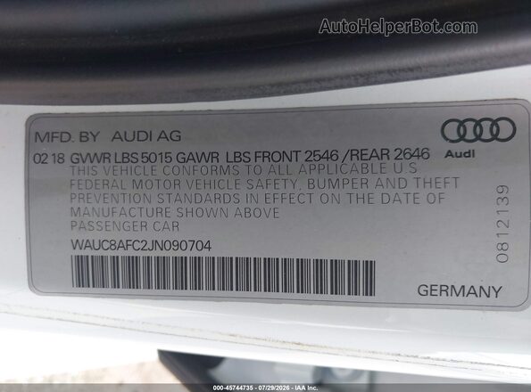 WAUC8AFC2JN090704 2018 AUDI A6 White Вид підкапотного простору