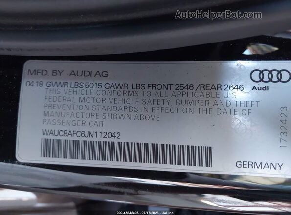 WAUC8AFC6JN112042 2018 AUDI A6 Black ძრავის განყოფილების ხედი