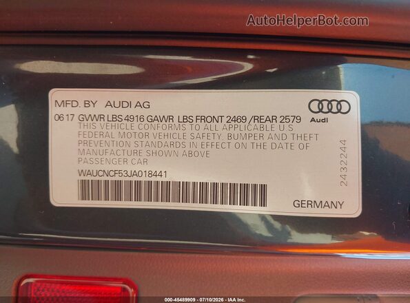 WAUCNCF53JA018441 2018 AUDI A5 Gray ძრავის განყოფილების ხედი