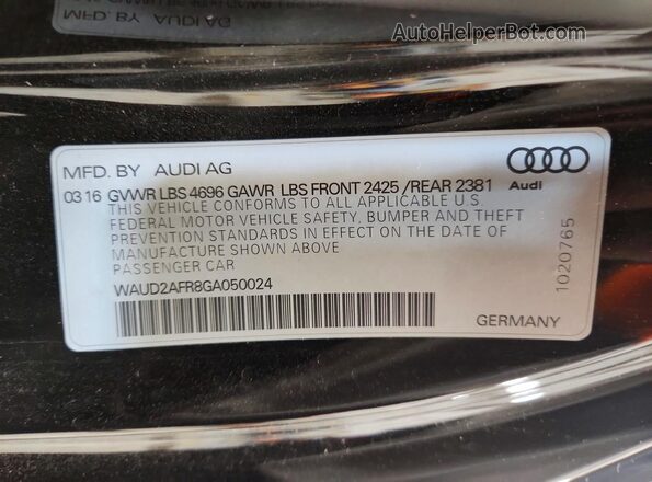 WAUD2AFR8GA050024 2016 AUDI A5 Black VIN კოდის სტიკერის ხედი