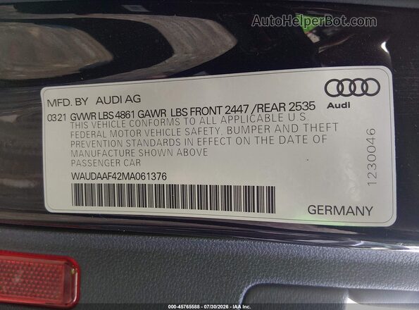 WAUDAAF42MA061376 2021 AUDI A4 Black Вид підкапотного простору
