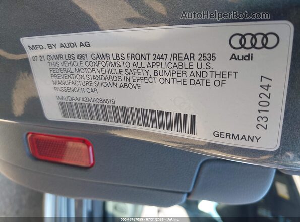 WAUDAAF42MA086519 2021 AUDI A4 Gray Вид підкапотного простору