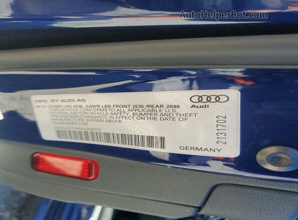 WAUDACF54MA058273 2021 AUDI A5 Blue Вид підкапотного простору