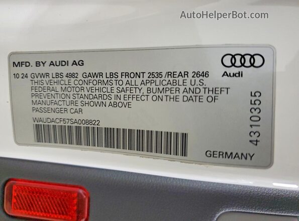 WAUDACF57SA008822 2025 AUDI A5 White VIN կոդի պիտակի տեսք